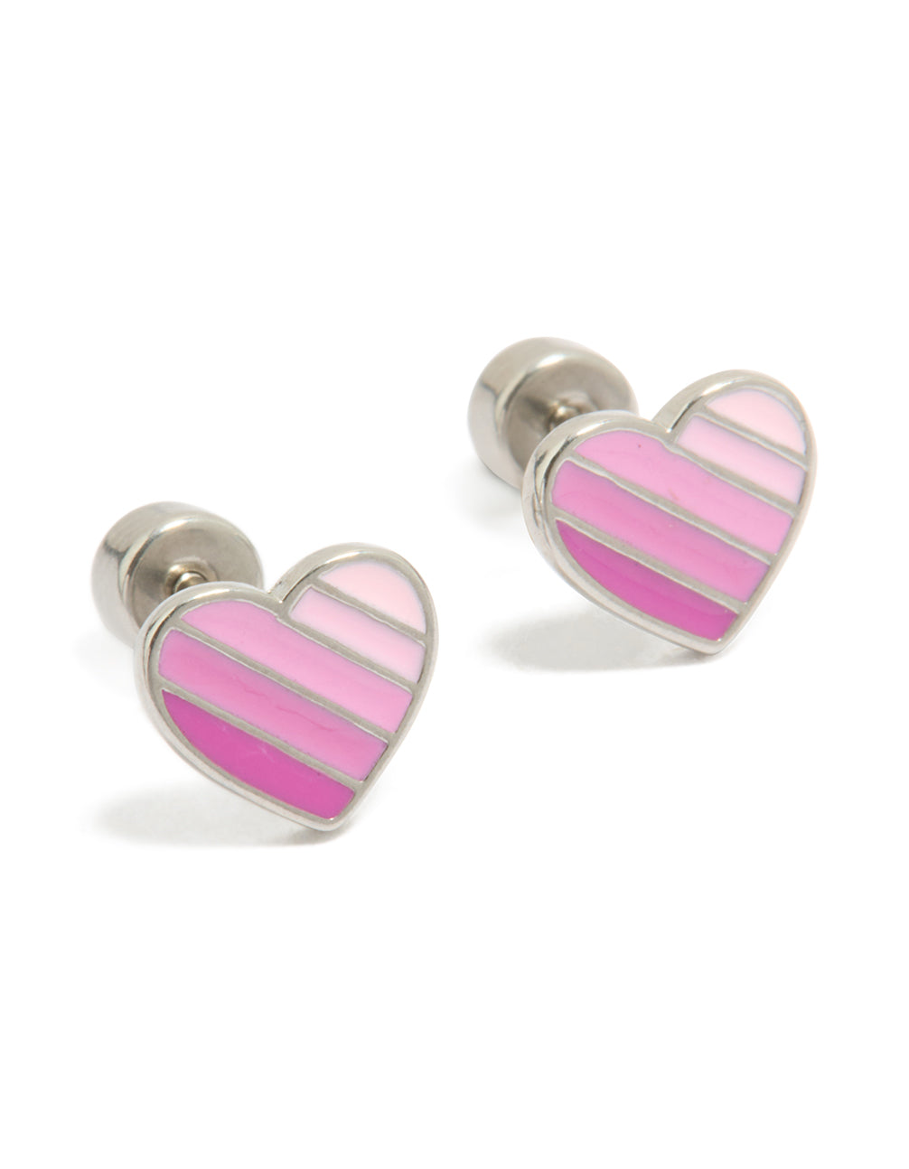 Showcasing heart shaped stud earrings with striped pattern crafted from surgical steel featuring flat back closure in hot pink and light pink front view