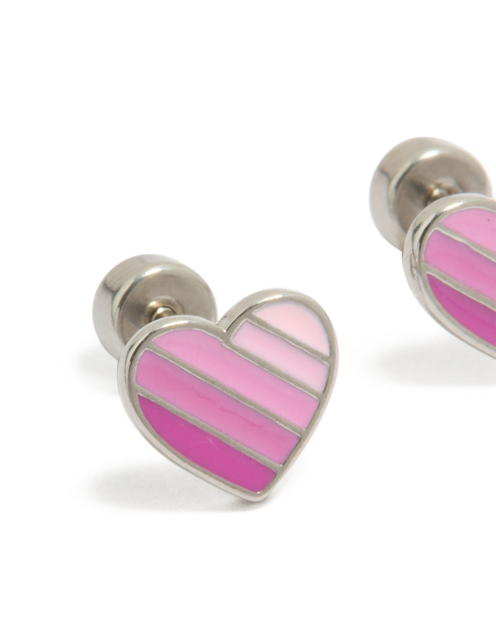 Featuring heart shaped stud earrings with striped pattern crafted from surgical steel featuring flat back closure in hot pink and light pink close up view