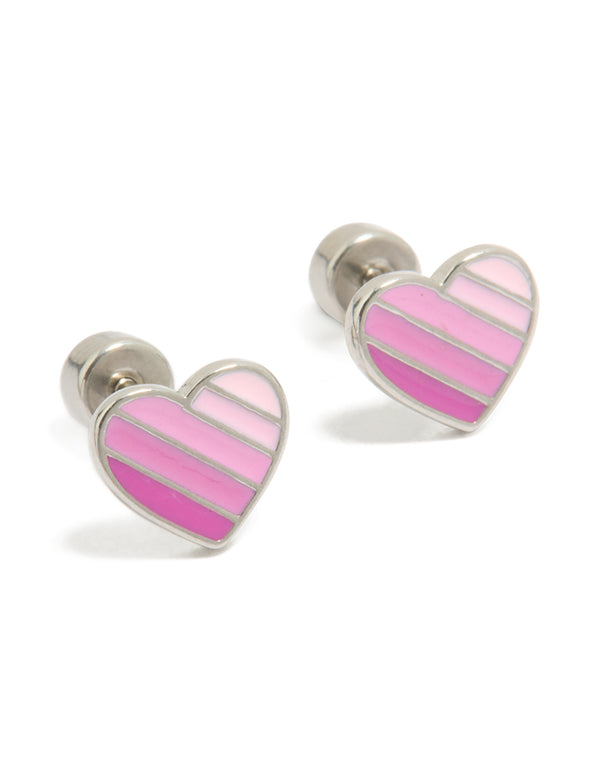 Surgical Steel Pink Striped Heart Flat Back Studs