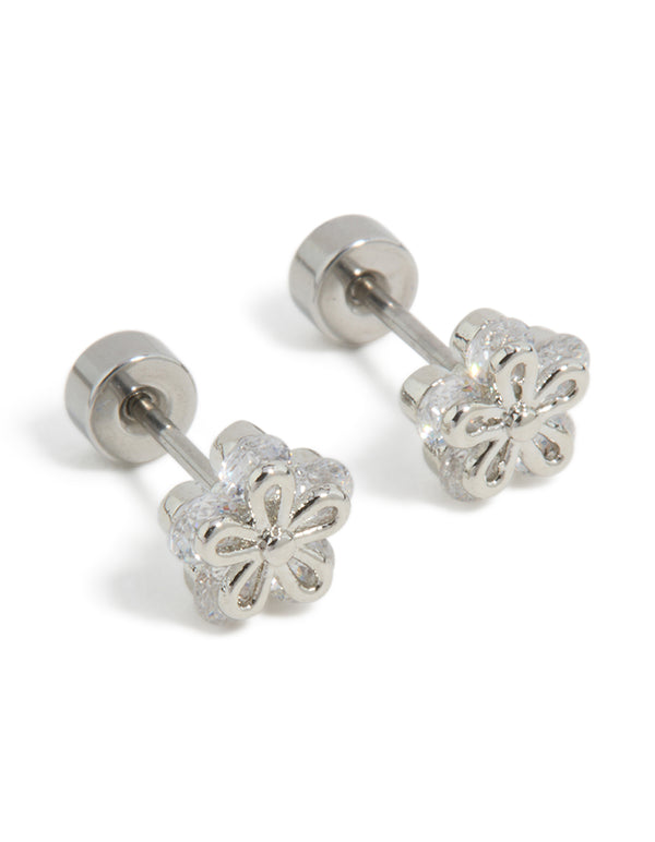 Kids Surgical Steel Cubic Zirconia  Flower Flat Back Studs
