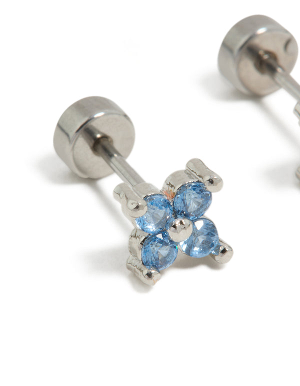 Kids Surgical Steel Blue Cubic Zirconia Flower Flat Back Studs