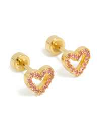 Kids Gold Plated Surgical Steel Pink Cubic Zirconia Pavé Heart Flat Back Studs - link has visual effect only