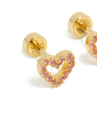 Kids Gold Plated Surgical Steel Pink Cubic Zirconia Pavé Heart Flat Back Studs - link has visual effect only