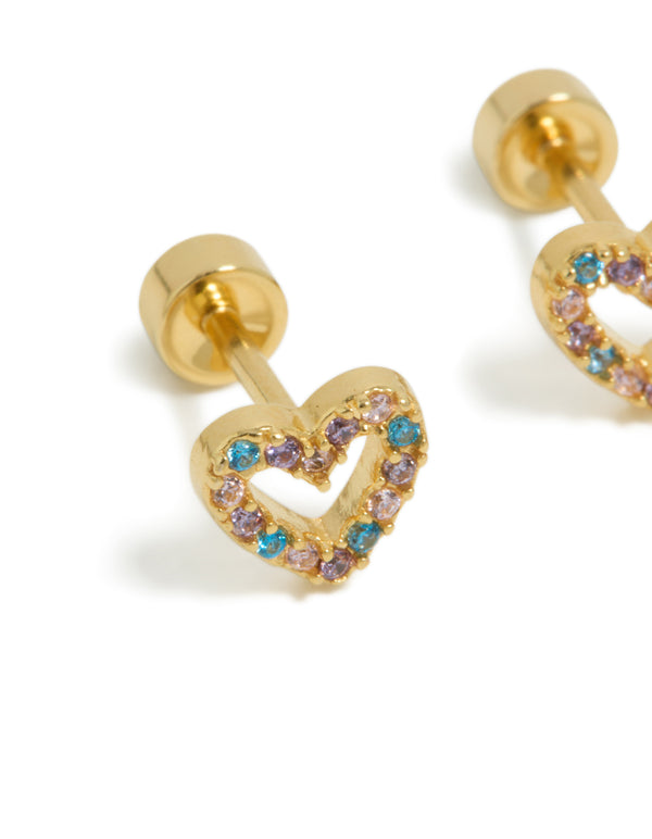 Kids Gold Plated Surgical Steel Cubic Zirconia Pave Heart Flat Back Studs