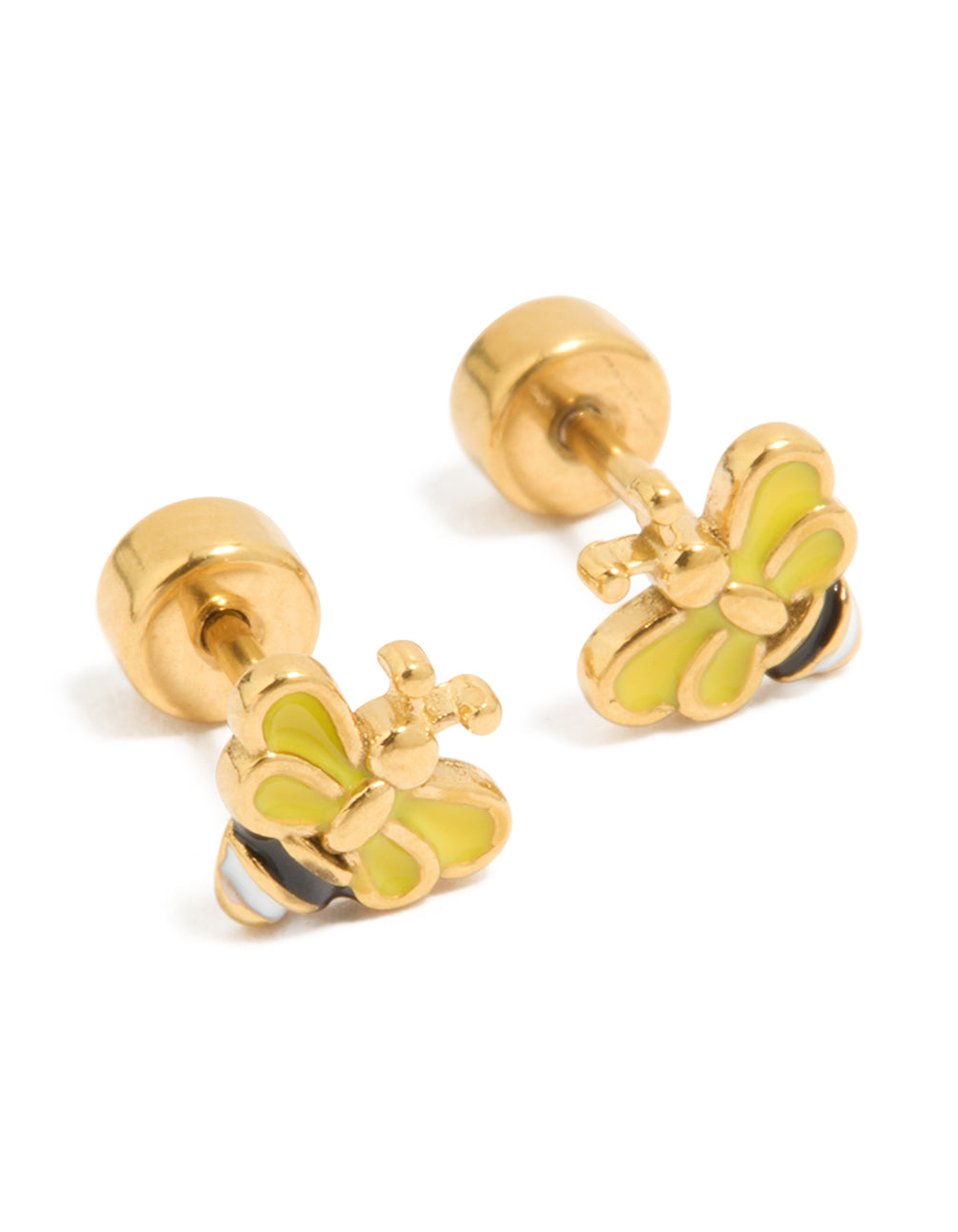 Discover gold plated surgical steel bee flat back stud earrings featuring butterfly accents front view