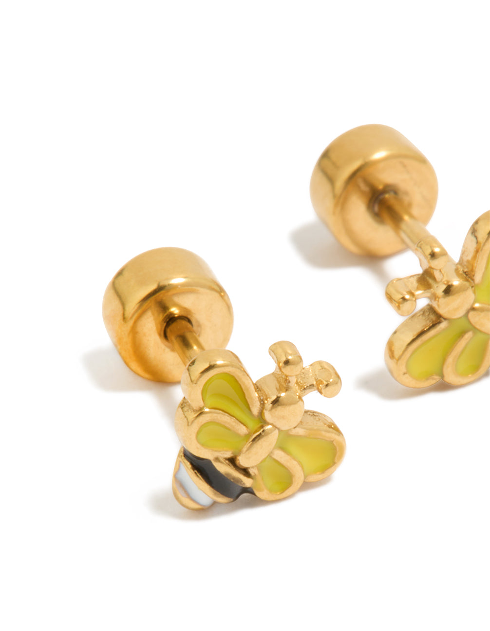 Crafted from gold plated surgical steel, bee flat back stud earrings with butterfly accents close up view