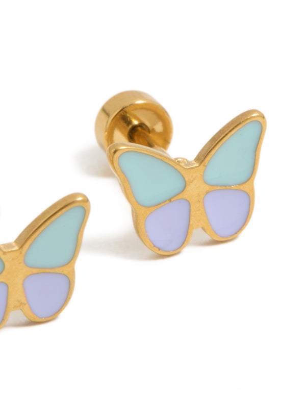 Kids Gold Plated Surgical Steel Colour Mix Butterfly Flat Back Studs