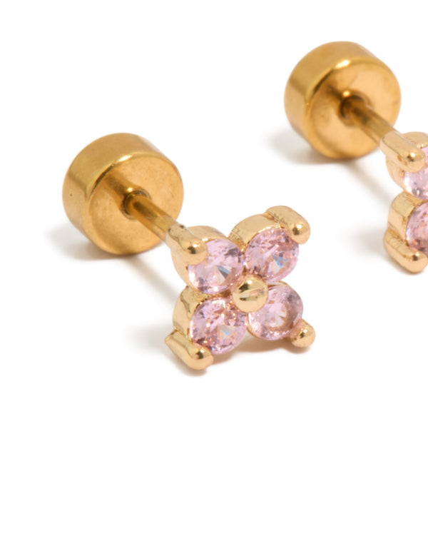 Kids Gold Plated Surgical Steel Pink Cubic Zirconia Flower Flat Back Studs