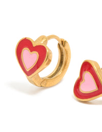 Showcasing kids gold plated surgical steel heart sleeper earrings in crimson and pink close up view - link has visual effect only