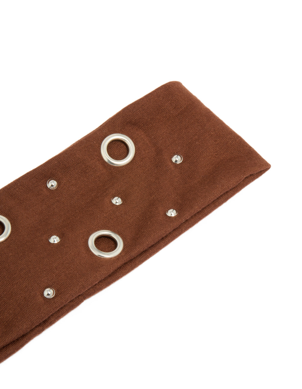 Chic brown eyelet wide stretch fabric headband adorned with silver studs side view