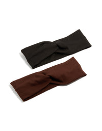 Discover this solid ribbed slim stretch headband in chocolate brown and black, 2-pack front view - link has visual effect only