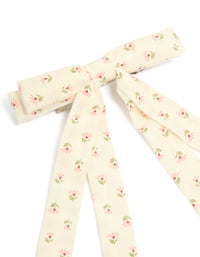 Featuring a cream pink flowers printed fabric bow clip with ivory and light pink olive drab leaf accents side view - link has visual effect only