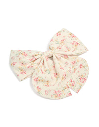 Charming printed fabric bow clip featuring floral bunches with leaf accents in ivory, light pink, peachpuff, and pale green front view - link has visual effect only