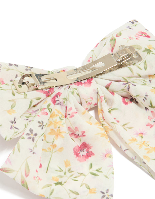 Pink & Yellow Printed Flowers Fabric Bow Clip
