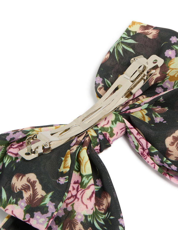 Black Printed Flowers Large Bow Clip