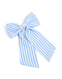 Featuring a fabric bow hair clip with striped pattern in light blue and white front view - link has visual effect only