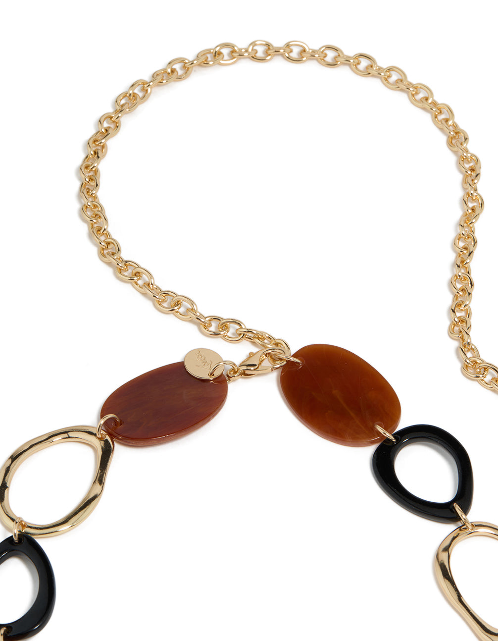 Showcasing a black coated metal and acrylic link belt in gold with embellished waisted statement design side view