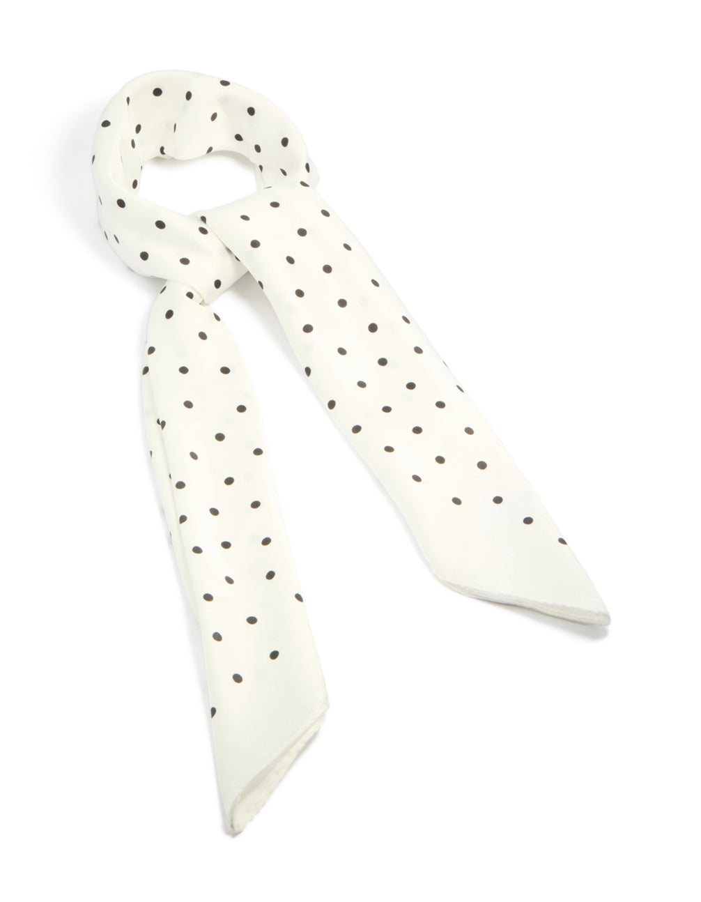 Showcasing a polkadot fabric scarf in white and black front view