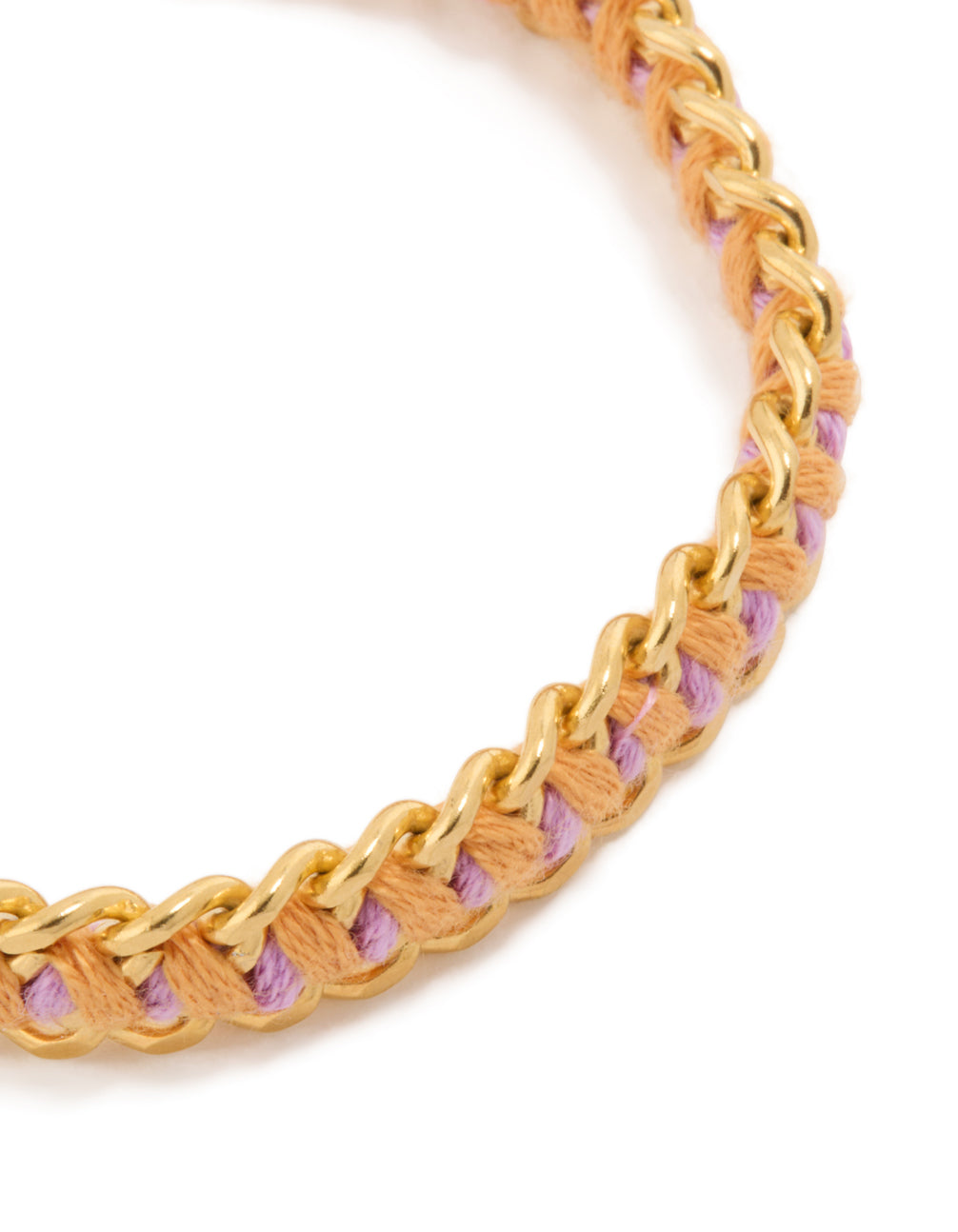 Crafted from waterproof gold plated stainless steel and purple thread yarn bracelet close up view