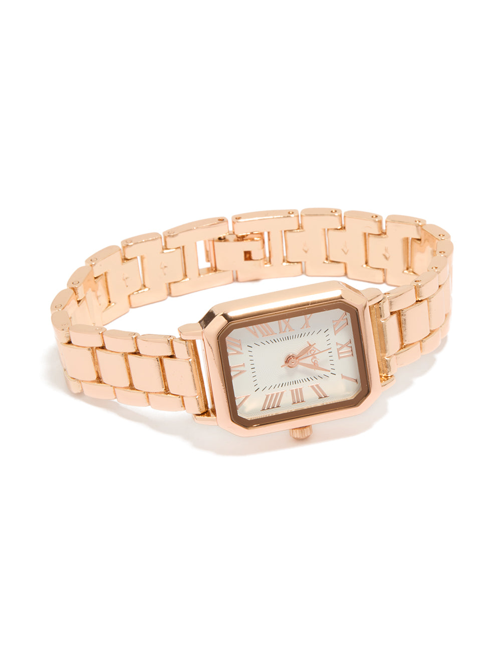 Elegant rose gold plated rectangle watch with white dial featuring roman numerals, analog display, link band strap designed for women formal occasions side view