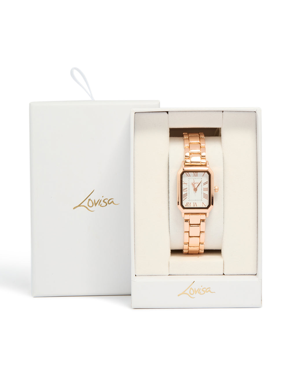 Beautiful rose gold plated rectangle watch with white dial featuring roman numerals, analog display, link band strap designed for women formal occasions case detail view