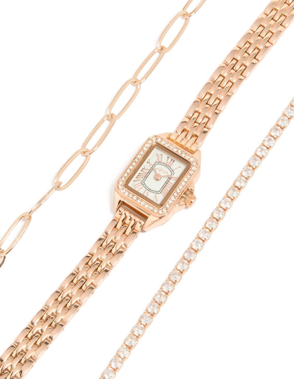 Discover a rose gold plated mini vintage watch and bracelets pack featuring white dial with roman look, rectangle shape, link band strap designed for women formal occasions analog watch with bracelet front view