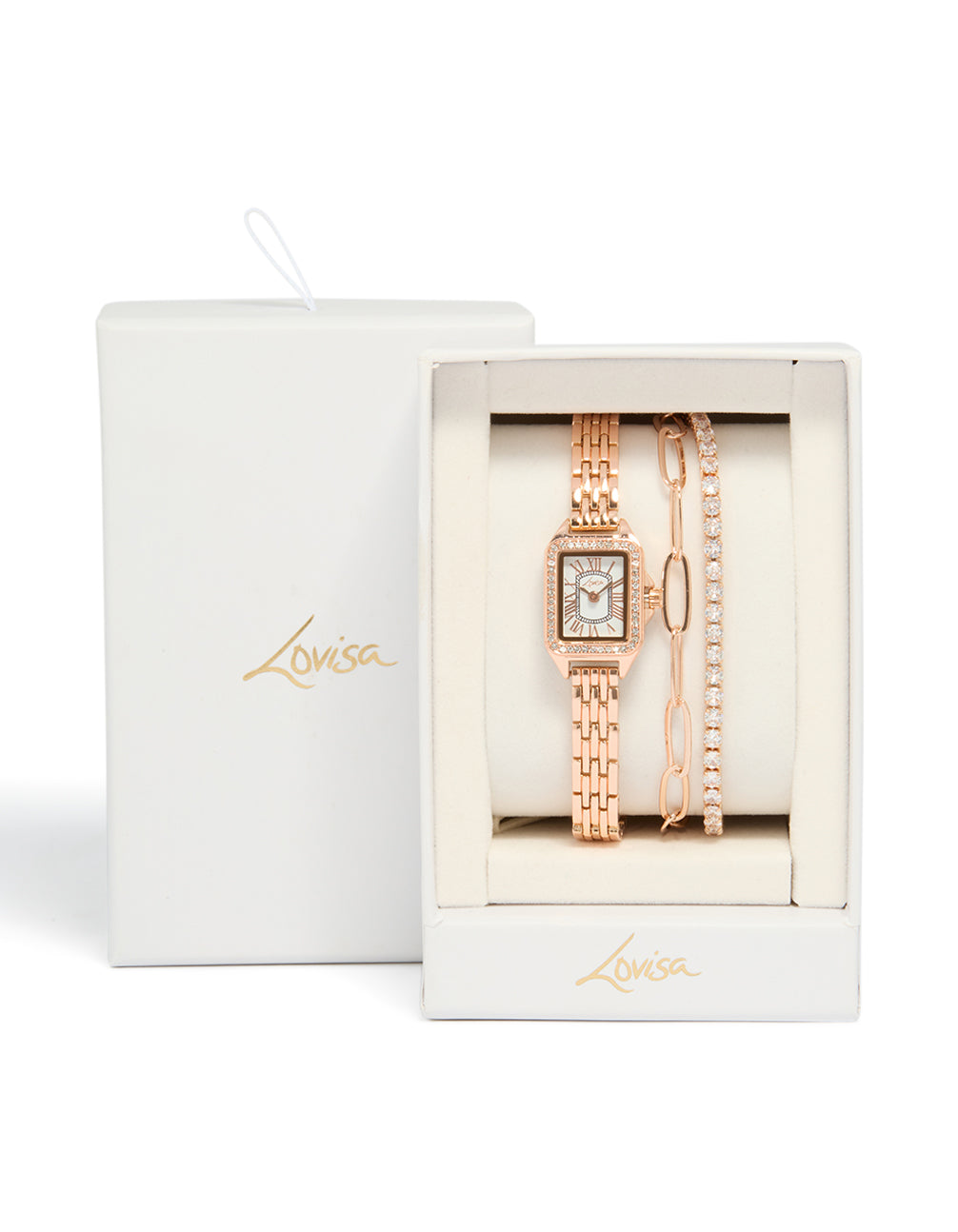 Showcasing a rose gold plated mini vintage watch and bracelets pack featuring white dial with roman look, rectangle shape, link band strap designed for women formal occasions analog watch with bracelet case detail view