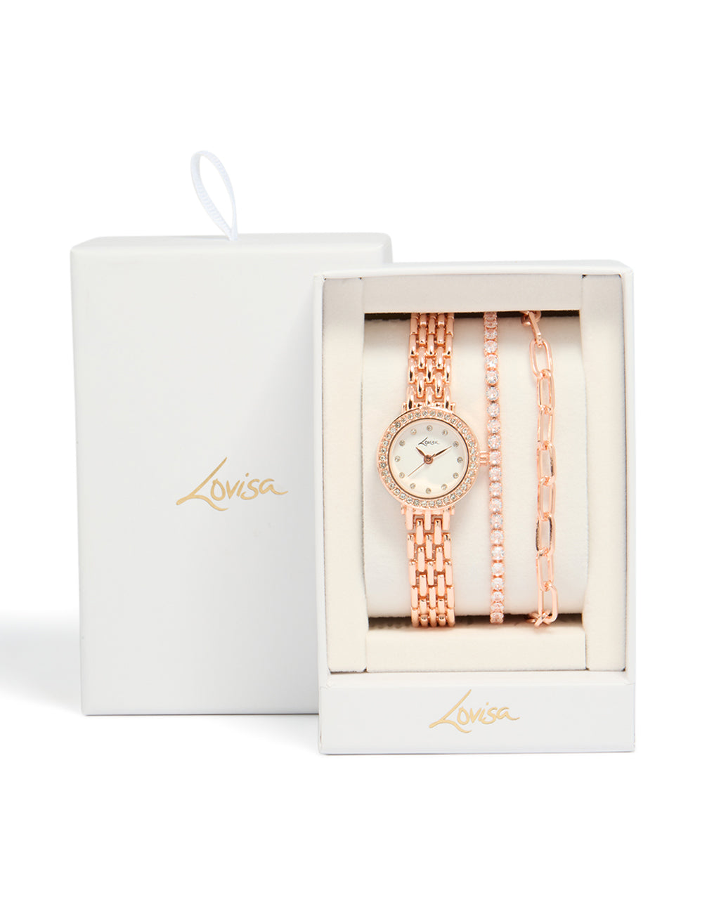 Crafted from rose gold plated material, this round diamante watch and bracelets pack with clear stone dial features formal women's analog timepiece including link band strap case detail view