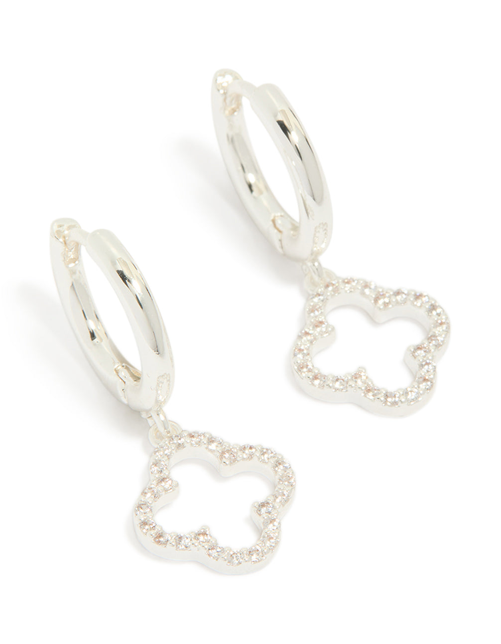 Showcasing silver plated cubic zirconia flower huggie drop earrings in dainty style front view
