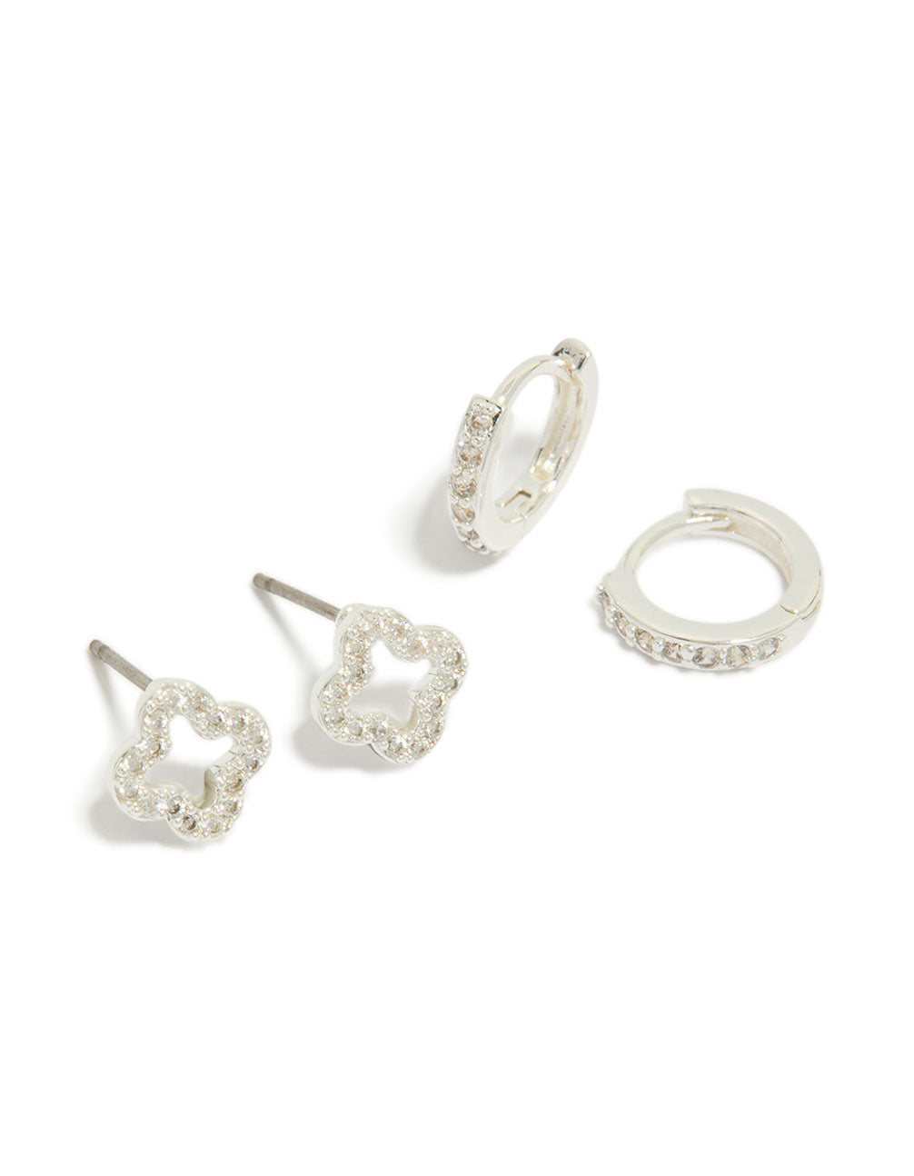 Beautifully designed silver plated cubic zirconia flower stud and huggie earrings in a 2-pack front view