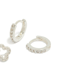 Silver Plated Cubic Zirconia Flower Stud & Huggie Earrings 2-Pack - link has visual effect only