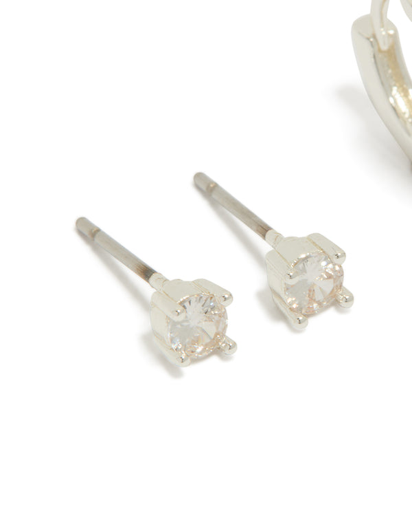 Silver Plated Cubic Zirconia Studs & Flower Huggie Earrings 2-Pack