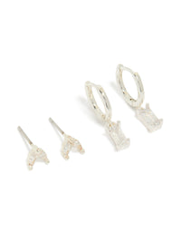 Silver Plated Cubic Zirconia Leaf Studs & Baguette Huggie Earrings 2-Pack - link has visual effect only