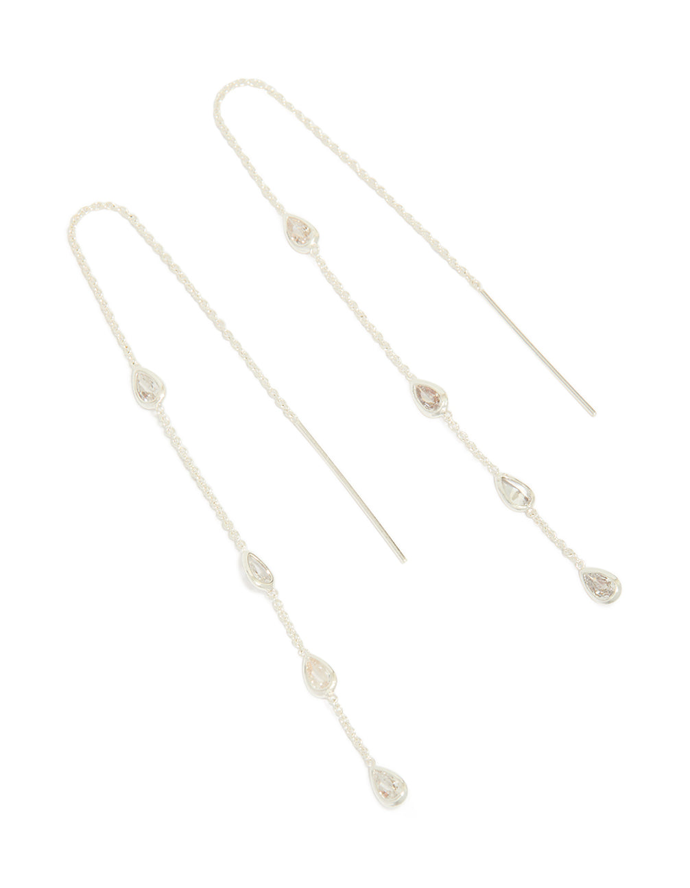 Showcasing station threader earrings with pear cut cubic zirconia set in silver plated metal front view