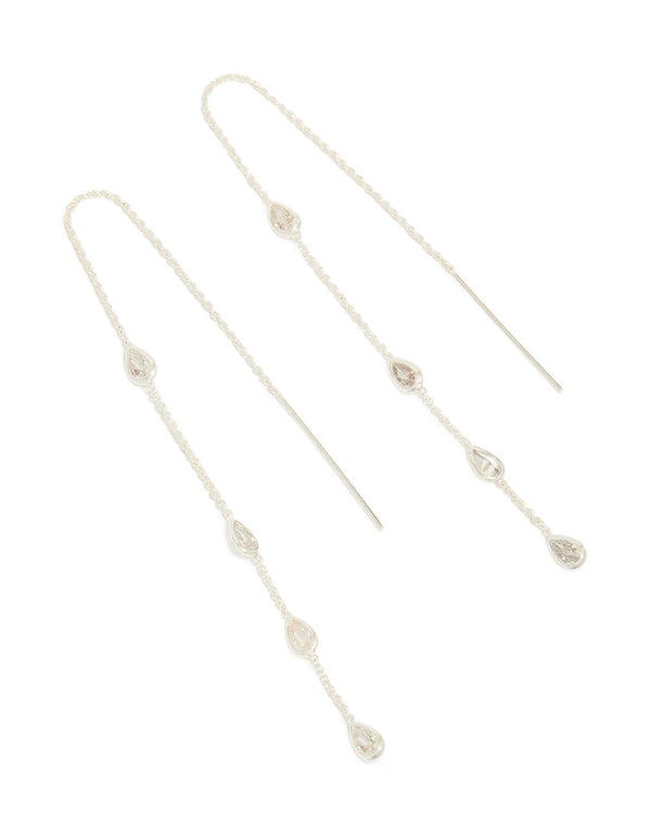 Silver Plated Station Pear Cubic Zirconia  Threader Earrings