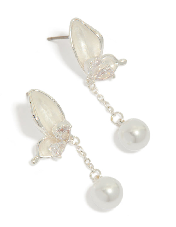 Silver Plated Enamel Butterfly Pearl Drop Earrings