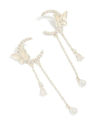 Silver Plated Cubic Zirconia Moon & Butterfly Drop Earrings - link has visual effect only