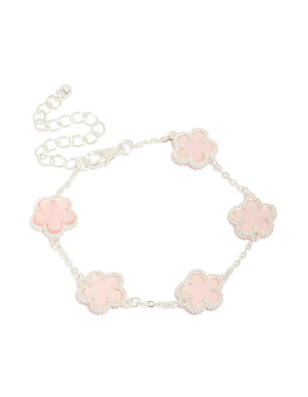 Showcasing a silver plated pink flower charms station bracelet with floral pattern in dainty style front view