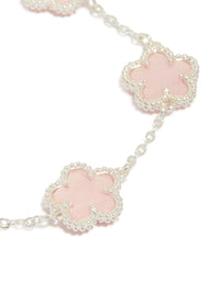 Silver Plated Pink Flower Charms Station Bracelet - link has visual effect only