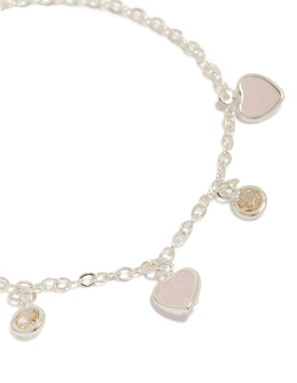 Silver Plated Cubic Zirconia Heart Charms Toggle Bracelet
