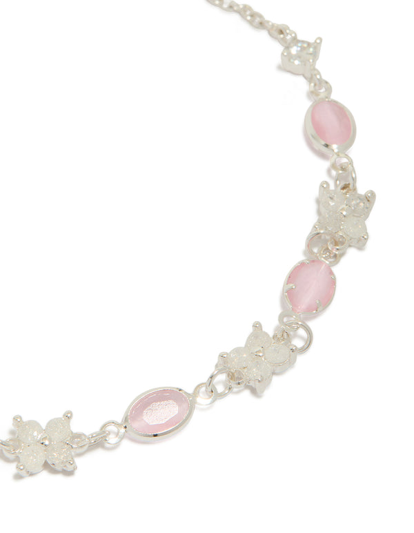 Silver Plated Oval Cubic Zirconia Charms Oval Toggle  Bracelet