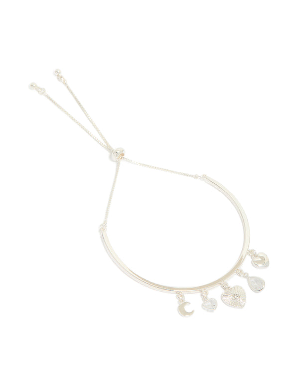 Silver Plated Moon & Heart Charm Toggle Bangle