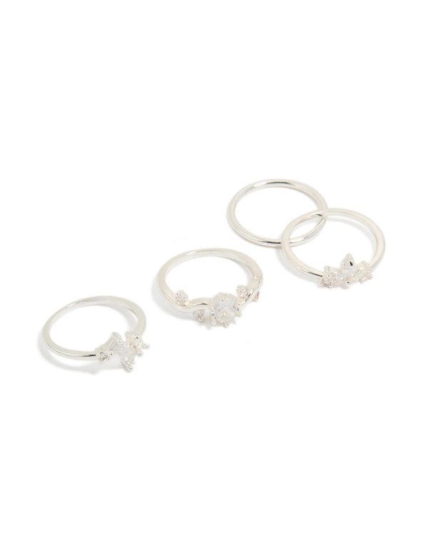 Showcasing silver plated cubic zirconia marquise leaf rings in a 4-pack with clear crystal stone accents front view