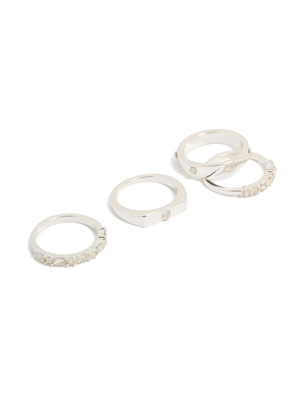 Silver Plated Diamante Inlay & Band Rings 4-Pack