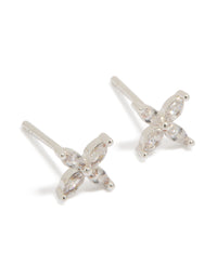 Beautifully crafted stainless steel cubic zirconia four petal stud earrings featuring floral design with plated closure in silver front view - link has visual effect only