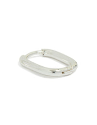 Detailed look at waterproof silver plated stainless steel rectangle huggie earrings with huggie closure in silver post detail view - link has visual effect only
