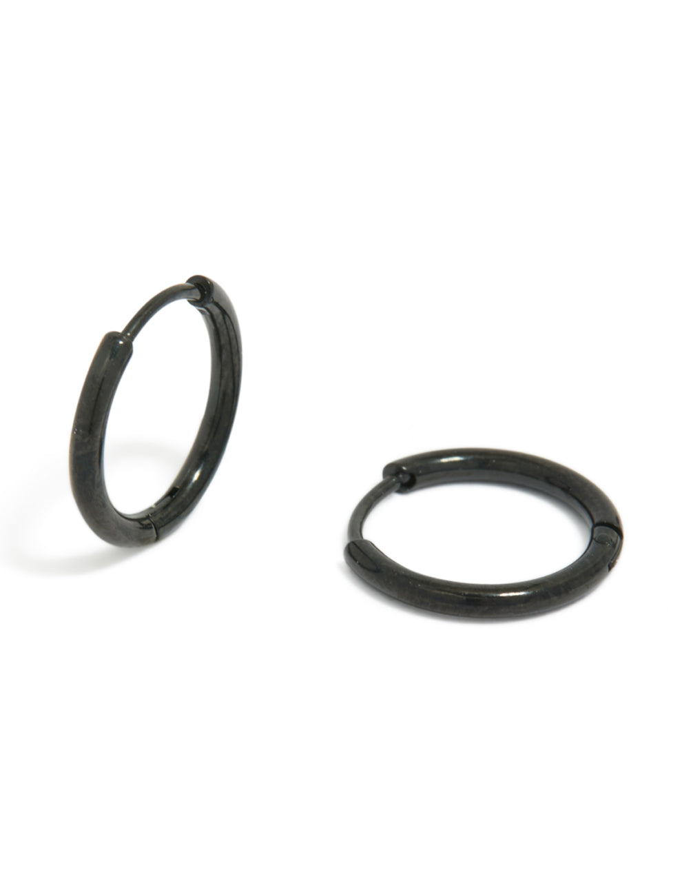 Showcasing chunky waterproof black coated metal stainless steel clicker earrings with hoop closure in 14 MM front view