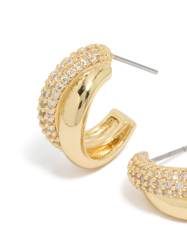 Gold Plated Cubic Zirconia Pavé & Plain Layered  Hoop Earrings
