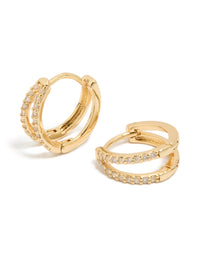 Showcasing small double layered huggie earrings with cubic zirconia in silver front view - link has visual effect only