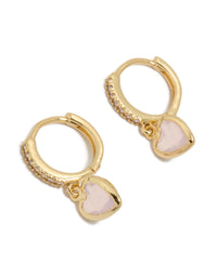 Showcasing dainty gold plated cubic zirconia and pink heart drop huggie earrings in a front view - link has visual effect only